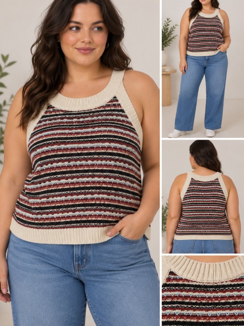 🌺 2/$30 Belldini Striped Knit Tank – Cream & Burgundy Multi